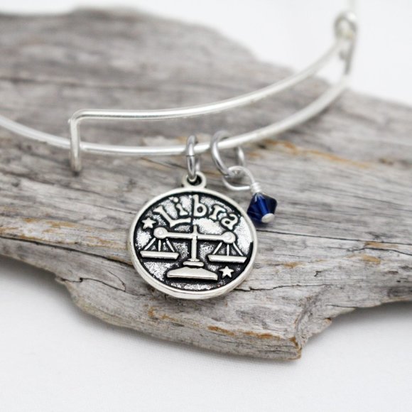 September Libra Adjustable Charm Bangle - Handmade Zodiac Bracelet - Picture 1 of 12